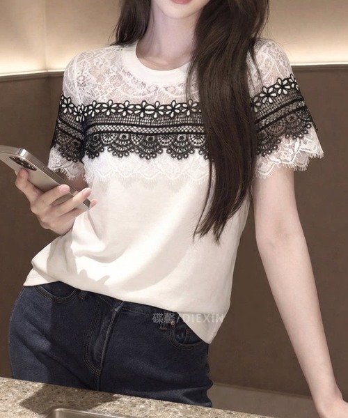 LUCPY(ラクピー)の「レース切替デザインTシャツ(Tシャツ/カットソー・レディース・ホワイト・X-LARGE/LARGE/MEDIUM/SMALL)」の2枚目の写真