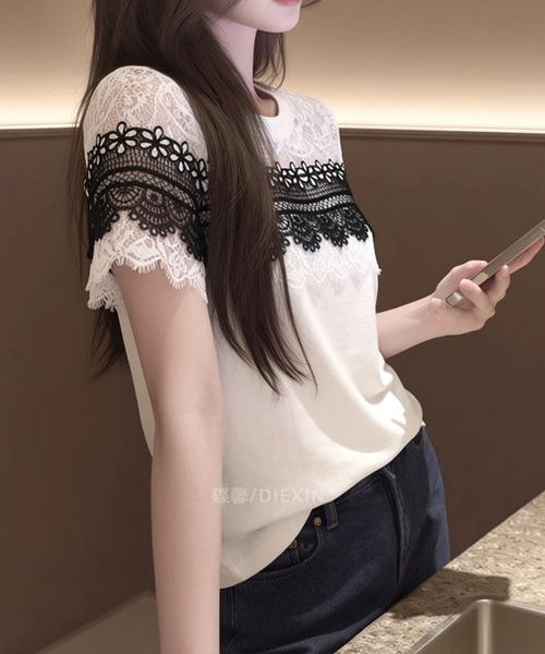 LUCPY(ラクピー)の「レース切替デザインTシャツ(Tシャツ/カットソー・レディース・ホワイト・X-LARGE/LARGE/MEDIUM/SMALL)」の3枚目の写真