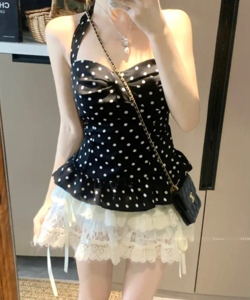 SHEPP（シープ）の「フリルティアード キャミソールチュニック / ホルターネック / ドット柄（キャミソール・レディース・ホワイト/グレー/ブラック・F）」の11枚目の写真
