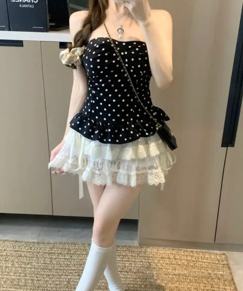 SHEPP（シープ）の「フリルティアード キャミソールチュニック / ホルターネック / ドット柄（キャミソール・レディース・ホワイト/グレー/ブラック・F）」の10枚目の写真
