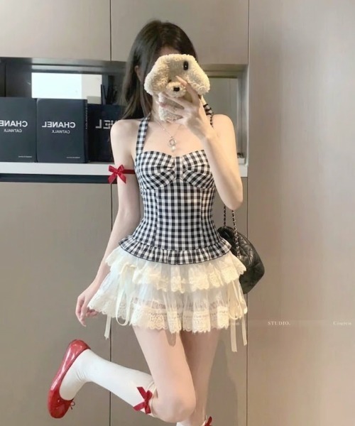 SHEPP（シープ）の「フリルティアード キャミソールチュニック / ホルターネック / ドット柄（キャミソール・レディース・ホワイト/グレー/ブラック・F）」の20枚目の写真