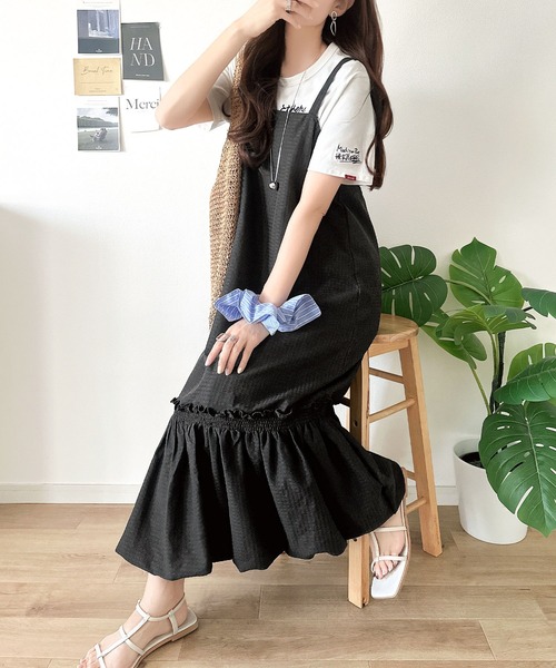 classicalelf(クラシカルエルフ)の「可愛く体型カバー。春夏秋3シーズン着られるサッカー素材バックリボン裾バルーンギンガムチェックキャミロングワンピース(ワンピース・レディース・チャコール/ブラック/ブラウン・LARGE/MEDIUM/SMALL/X-LARGE)」の6枚目の写真