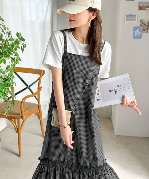 classicalelf(クラシカルエルフ)の「可愛く体型カバー。春夏秋3シーズン着られるサッカー素材バックリボン裾バルーンギンガムチェックキャミロングワンピース(ワンピース・レディース・チャコール/ブラック/ブラウン・LARGE/MEDIUM/SMALL/X-LARGE)」の8枚目の写真