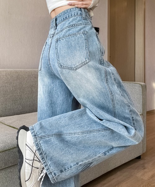 AMAJI(アマジ)の「ダメージ加工 デニム ワイドストレート ロングパンツ(デニムパンツ・レディース・ライトブルー/ブルー・X-LARGE/LARGE/MEDIUM/SMALL)」の9枚目の写真