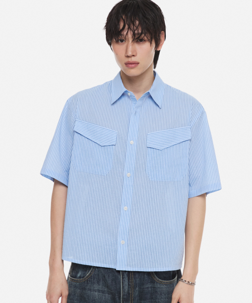 DNSR(ディーエヌエスアール)の「リネンストライプクロップシャツブルー(シャツ/ブラウス・メンズ・その他・MEDIUM/LARGE/X-LARGE)」の1枚目の写真