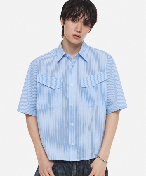 DNSR(ディーエヌエスアール)の「リネンストライプクロップシャツブルー(シャツ/ブラウス・メンズ・その他・MEDIUM/LARGE/X-LARGE)」の2枚目の写真