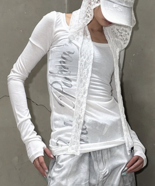 Never mind the XU(ネバーマインドザエックスユー)の「【Never mind the XU】sheer lettering tight long sleeve tee / 【ネバーマインド ザ エックスユー】シアーレタリングタイト長袖Tシャツ<着用動画あり>(Tシャツ/カットソー・レディース・ホワイト/ピンク/ブラック・S)」の2枚目の写真