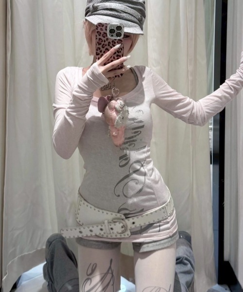 Never mind the XU(ネバーマインドザエックスユー)の「【Never mind the XU】sheer lettering tight long sleeve tee / 【ネバーマインド ザ エックスユー】シアーレタリングタイト長袖Tシャツ<着用動画あり>(Tシャツ/カットソー・レディース・ホワイト/ピンク/ブラック・S)」の5枚目の写真