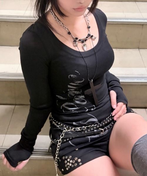 Never mind the XU(ネバーマインドザエックスユー)の「【Never mind the XU】sheer lettering tight long sleeve tee / 【ネバーマインド ザ エックスユー】シアーレタリングタイト長袖Tシャツ<着用動画あり>(Tシャツ/カットソー・レディース・ホワイト/ピンク/ブラック・S)」の8枚目の写真
