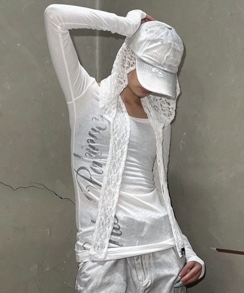 Never mind the XU(ネバーマインドザエックスユー)の「【Never mind the XU】sheer lettering tight long sleeve tee / 【ネバーマインド ザ エックスユー】シアーレタリングタイト長袖Tシャツ<着用動画あり>(Tシャツ/カットソー・レディース・ホワイト/ピンク/ブラック・S)」の15枚目の写真