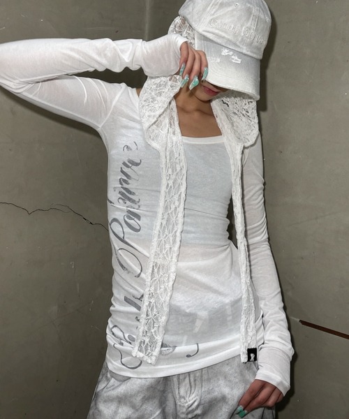 Never mind the XU(ネバーマインドザエックスユー)の「【Never mind the XU】sheer lettering tight long sleeve tee / 【ネバーマインド ザ エックスユー】シアーレタリングタイト長袖Tシャツ<着用動画あり>(Tシャツ/カットソー・レディース・ホワイト/ピンク/ブラック・S)」の14枚目の写真