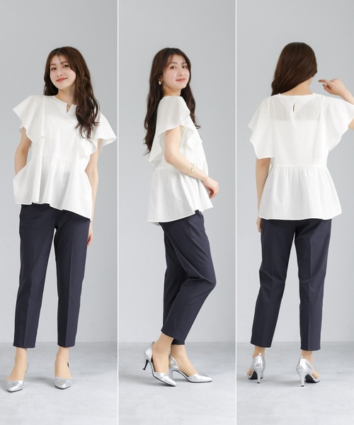 WHITE JOOLA(ホワイトジョーラ)の「【 接触冷感・洗える 】 クールタフタストレッチ・メタルパーツ付きペプラムブラウス(シャツ/ブラウス・レディース・オフホワイト/チャコールグレー/サックスブルー・S/L/M)」の11枚目の写真