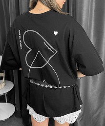【目線を惹く重なるハート】ダブルハートTシャツ / オーバーTシャツ プリント ハート カジュアル ストリート 海外ガール レタリング ラフ 大きめ 万能 2色展開 ホワイト ブラック 夏