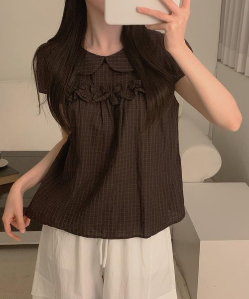 WESTSEA(ウエストシー)の「ビッグカラー チェックブラウス 半袖 フリル ペプラム風(シャツ/ブラウス・レディース・カーキ/ブラウン・FREE)」の1枚目の写真