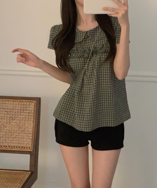 WESTSEA(ウエストシー)の「ビッグカラー チェックブラウス 半袖 フリル ペプラム風(シャツ/ブラウス・レディース・カーキ/ブラウン・FREE)」の11枚目の写真