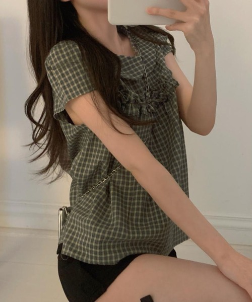 WESTSEA(ウエストシー)の「ビッグカラー チェックブラウス 半袖 フリル ペプラム風(シャツ/ブラウス・レディース・カーキ/ブラウン・FREE)」の9枚目の写真