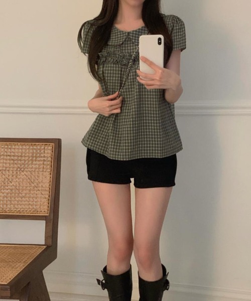WESTSEA(ウエストシー)の「ビッグカラー チェックブラウス 半袖 フリル ペプラム風(シャツ/ブラウス・レディース・カーキ/ブラウン・FREE)」の10枚目の写真