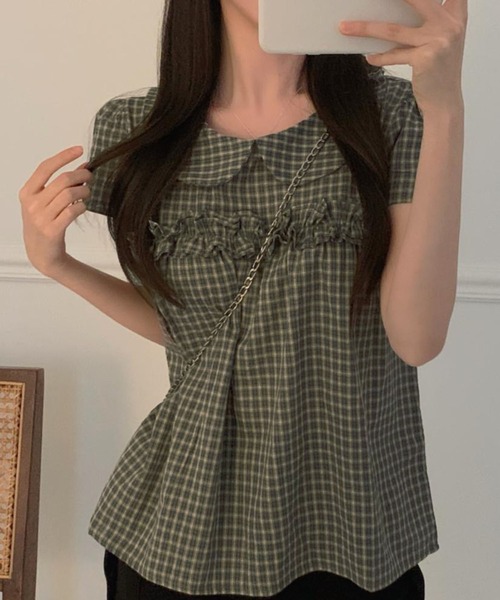 WESTSEA(ウエストシー)の「ビッグカラー チェックブラウス 半袖 フリル ペプラム風(シャツ/ブラウス・レディース・カーキ/ブラウン・FREE)」の12枚目の写真