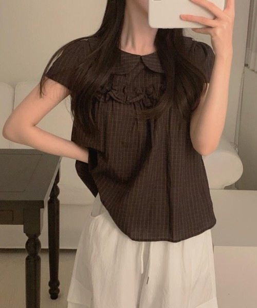 WESTSEA(ウエストシー)の「ビッグカラー チェックブラウス 半袖 フリル ペプラム風(シャツ/ブラウス・レディース・カーキ/ブラウン・FREE)」の5枚目の写真