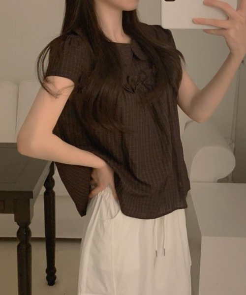 WESTSEA(ウエストシー)の「ビッグカラー チェックブラウス 半袖 フリル ペプラム風(シャツ/ブラウス・レディース・カーキ/ブラウン・FREE)」の6枚目の写真