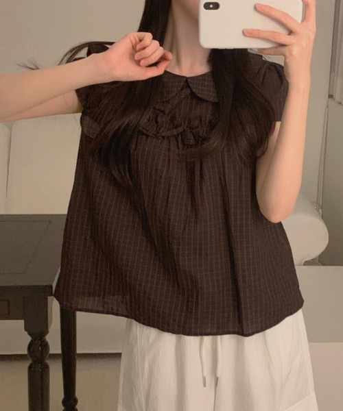 WESTSEA(ウエストシー)の「ビッグカラー チェックブラウス 半袖 フリル ペプラム風(シャツ/ブラウス・レディース・カーキ/ブラウン・FREE)」の7枚目の写真