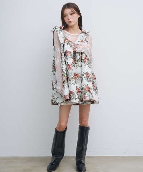 HEIREN(ヘイレーン)の「フラワージャガードリボンチュニック(ワンピース・レディース・ピンク/レッド・FREE)」の12枚目の写真