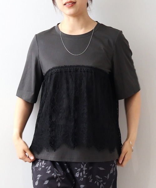 MB mint breeze（エムビーミントブリーズ）の「【L～6L 大きいサイズ】【接触冷感】レースコンビプルオーバー（Tシャツ/カットソー・レディース・オフホワイト/チャコールグレー・4L/3L/LL/6L/5L）」の2枚目の写真