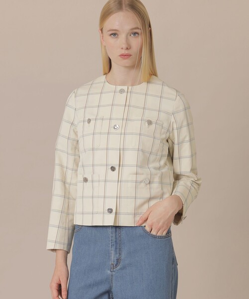 MACKINTOSH LONDON(マッキントッシュ ロンドン)の「【WEB・一部店舗限定】ポリエステルリネンチェックジャケット(ノーカラージャケット・レディース・ベージュ・38)」の1枚目の写真