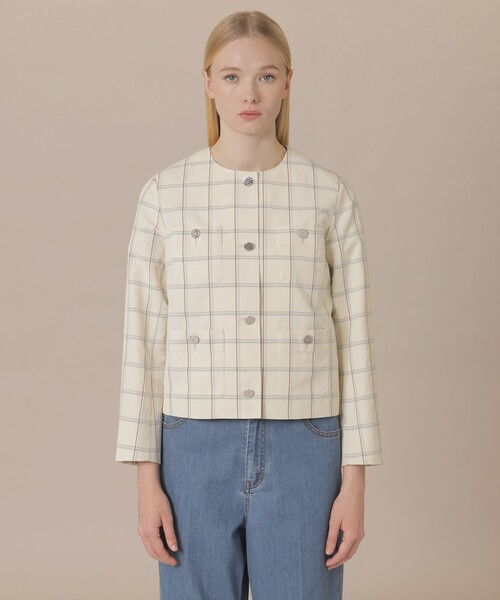 MACKINTOSH LONDON(マッキントッシュ ロンドン)の「【WEB・一部店舗限定】ポリエステルリネンチェックジャケット(ノーカラージャケット・レディース・ベージュ・38)」の4枚目の写真