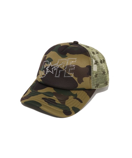 A BATHING APE(アベイシングエイプ)の「1ST CAMO CRYSTAL STONE BAPE STA LOGO MESH CAP(キャップ・レディース・グリーン/ピンク・FREE)」の1枚目の写真