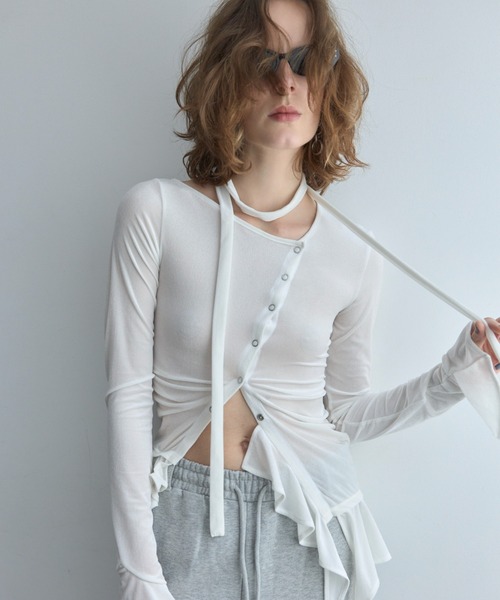 JOSE MOON(ジョゼムーン)の「SHEER VELOUR CHOKER TOPS/シアーベロアチョーカートップス(Tシャツ/カットソー・レディース・ブラック/ホワイト/ピンク・FREE)」の2枚目の写真