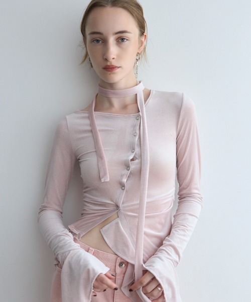 JOSE MOON(ジョゼムーン)の「SHEER VELOUR CHOKER TOPS/シアーベロアチョーカートップス(Tシャツ/カットソー・レディース・ブラック/ホワイト/ピンク・FREE)」の1枚目の写真