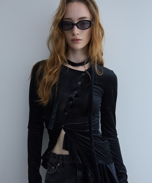 JOSE MOON(ジョゼムーン)の「SHEER VELOUR CHOKER TOPS/シアーベロアチョーカートップス(Tシャツ/カットソー・レディース・ブラック/ホワイト/ピンク・FREE)」の3枚目の写真