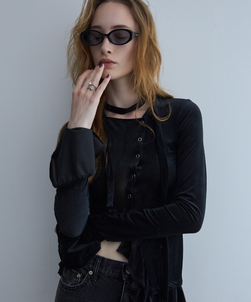 JOSE MOON(ジョゼムーン)の「SHEER VELOUR CHOKER TOPS/シアーベロアチョーカートップス(Tシャツ/カットソー・レディース・ブラック/ホワイト/ピンク・FREE)」の14枚目の写真