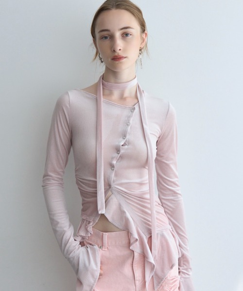 JOSE MOON(ジョゼムーン)の「SHEER VELOUR CHOKER TOPS/シアーベロアチョーカートップス(Tシャツ/カットソー・レディース・ブラック/ホワイト/ピンク・FREE)」の4枚目の写真