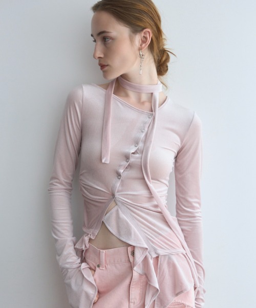JOSE MOON(ジョゼムーン)の「SHEER VELOUR CHOKER TOPS/シアーベロアチョーカートップス(Tシャツ/カットソー・レディース・ブラック/ホワイト/ピンク・FREE)」の5枚目の写真