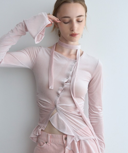 JOSE MOON(ジョゼムーン)の「SHEER VELOUR CHOKER TOPS/シアーベロアチョーカートップス(Tシャツ/カットソー・レディース・ブラック/ホワイト/ピンク・FREE)」の7枚目の写真