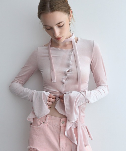JOSE MOON(ジョゼムーン)の「SHEER VELOUR CHOKER TOPS/シアーベロアチョーカートップス(Tシャツ/カットソー・レディース・ブラック/ホワイト/ピンク・FREE)」の6枚目の写真