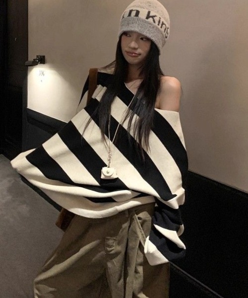 CHEER(チアー)の「【2WAYニット】太ボーダー ボートネック&オフショル ルーズニット(ニット/セーター・レディース・ブラック・FREE)」の11枚目の写真