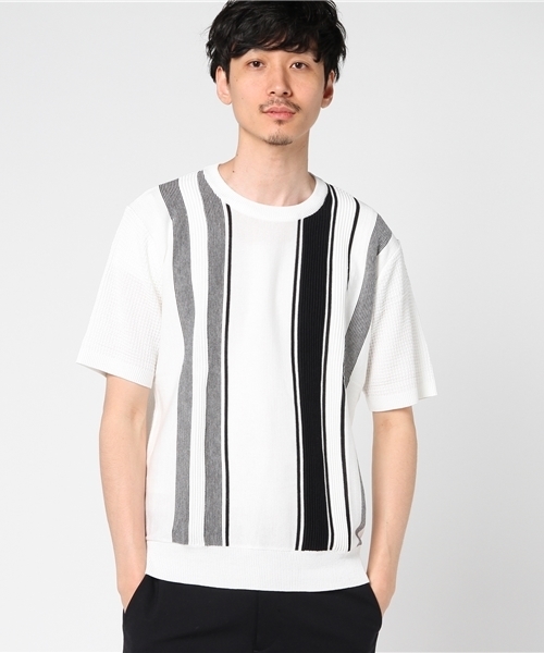 COMME CA ISM(コムサイズム)の「ストライプ柄半袖ニット(ニット/セーター・メンズ・ネイビー/ホワイト・LARGE/MEDIUM)」の1枚目の写真