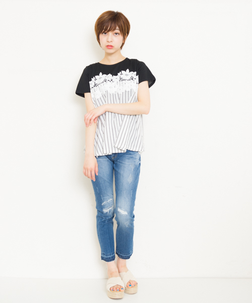 tシャツ レース切替ナンバリングユニフォームTシャツ　襟付きショートTシャツ レディース ナンバリングtシャツ（レディーストップス）（襟首タイプ：V