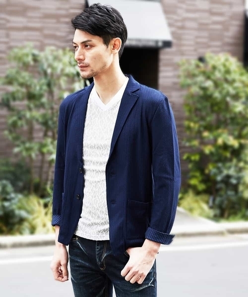 MICHEL KLEIN HOMME (ミッシェルクランオム)の「カットジャケット(ミニブロックチェックリンクス)(カーディガン/ボレロ・メンズ・ネイビー/グリーン・46/48/51)」の3枚目の写真