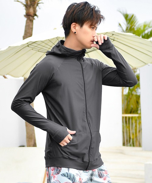 UVカット率 99.9%以上】メンズ フード付きフロントジップ長袖ラッシュ