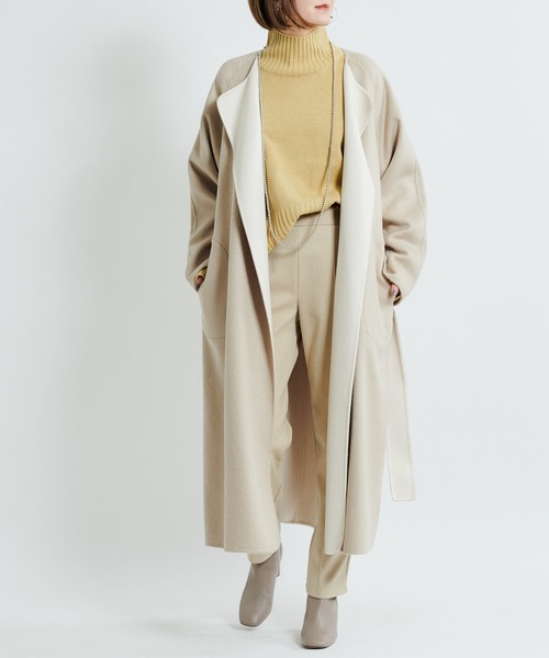 DouDou（ドゥドゥ）の「【2WAY仕様】リバーノーカラーコート（ノーカラーコート・レディース・グレイッシュベージュ/ベージュ・FREE）」の9枚目の写真