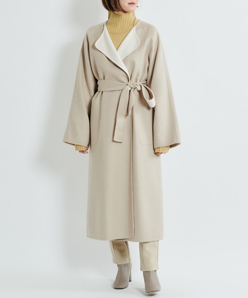 DouDou（ドゥドゥ）の「【2WAY仕様】リバーノーカラーコート（ノーカラーコート・レディース・グレイッシュベージュ/ベージュ・FREE）」の15枚目の写真