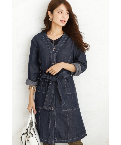 ElegChic（エレグシック）の「ノーカラーデニムジャケット（デニムジャケット・レディース・ネイビー・XL/4L/M/L/XXL）」の2枚目の写真
