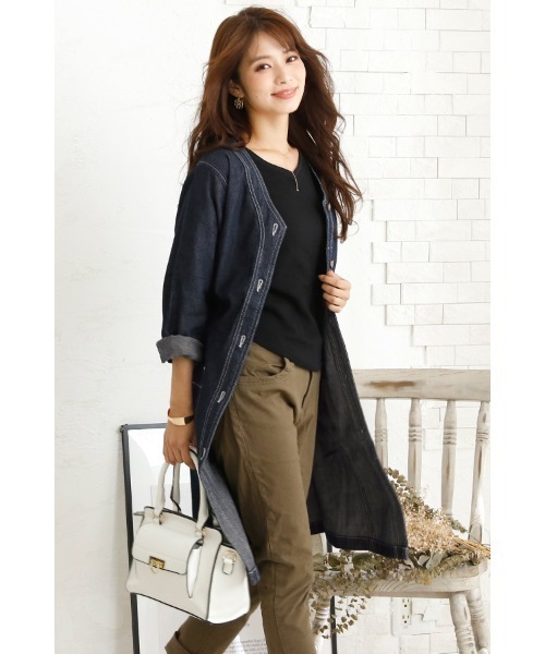 ElegChic（エレグシック）の「ノーカラーデニムジャケット（デニムジャケット・レディース・ネイビー・XL/4L/M/L/XXL）」の12枚目の写真