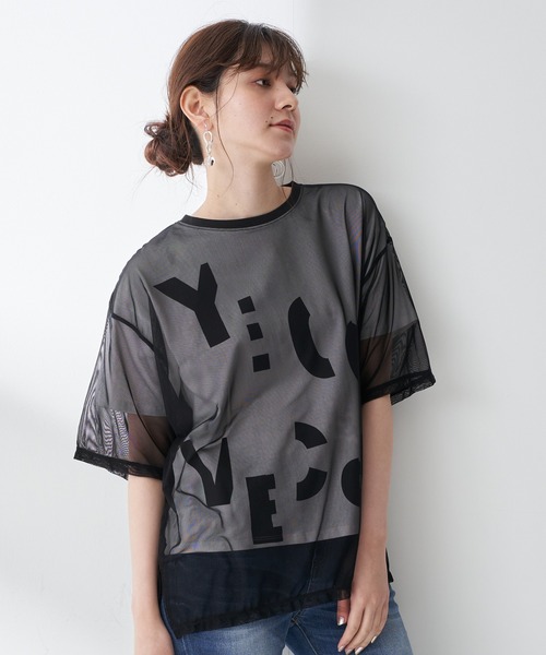 YECCA VECCA（イェッカヴェッカ）の「チュールレイヤードプリントTee　＊（Tシャツ/カットソー・レディース・オフホワイト/ブルー系その他7/ブラック・FREE）」の3枚目の写真