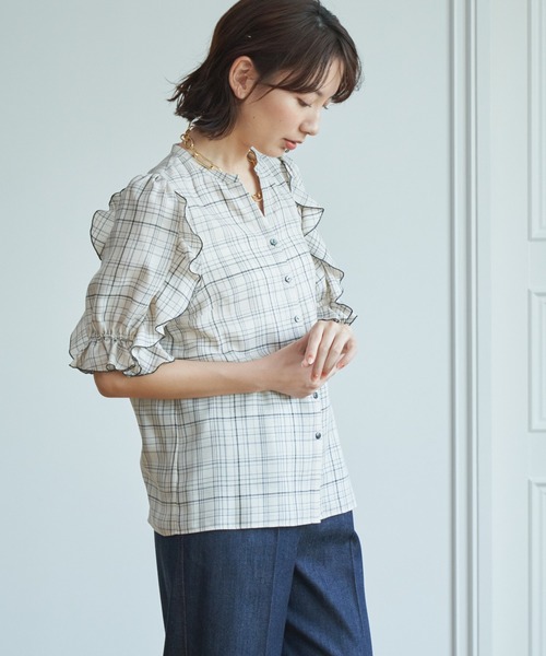アナイ　ビスコースチェックラッフルブラウス　ギンガムチェック　サイズ36 ANAYI（アナイ）の「ビスコースチェックラッフル ブラウス