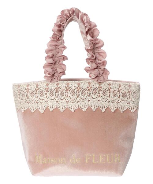 Maison de FLEUR（メゾンドフルール）の「ベロアレースフリルハンドルトートSバッグ（トートバッグ・レディース・ブラック/ピンクベージュ/グレイッシュベージュ・FREE）」の5枚目の写真
